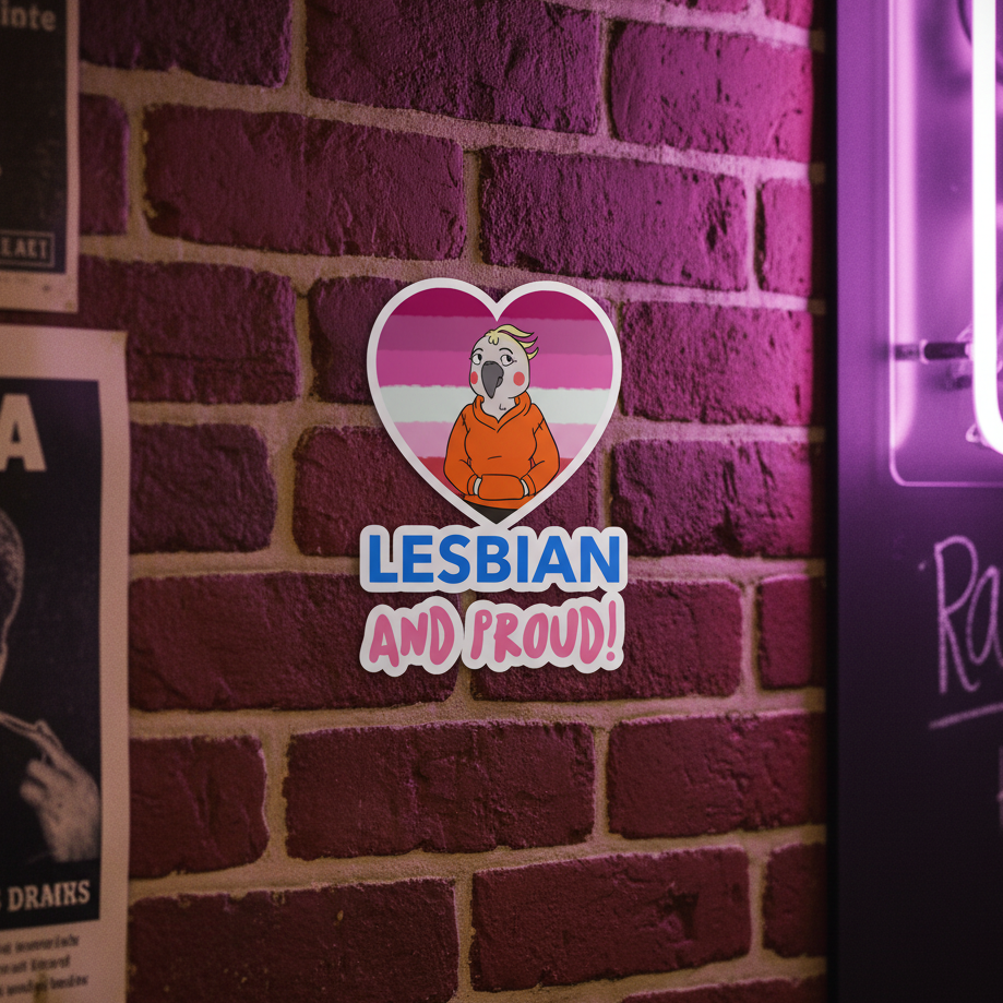 Bubble-free sticker flaunting a lesbian pride heart, cartoon figure in orange hoodie, and bold “LESBIAN AND PROUD!” text.