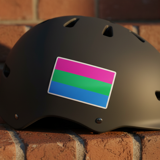 Black helmet on a brick surface with a Polysexual Pride sticker: magenta, green, and blue stripes repping queer identity.