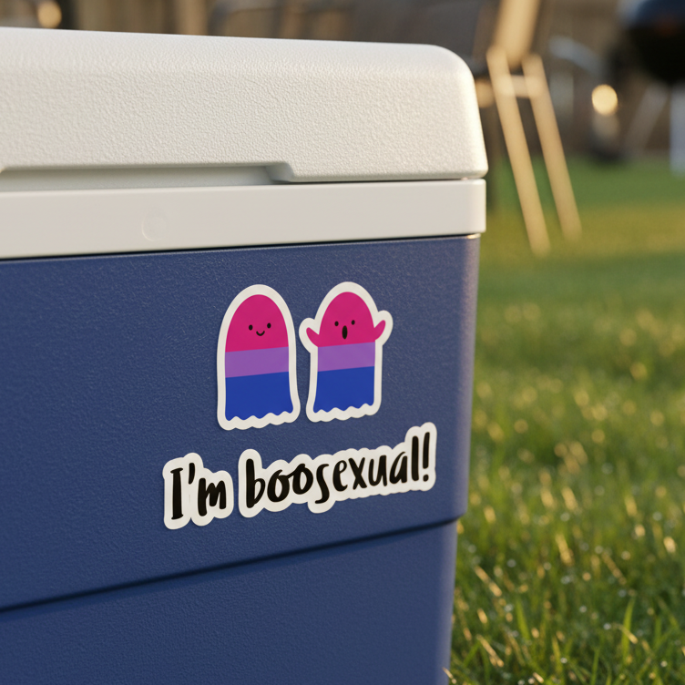Blue cooler on grass with "I'm Boosexual" sticker: two smiling popsicles in bi pride colors, bold text reads "Im boosexual!.
