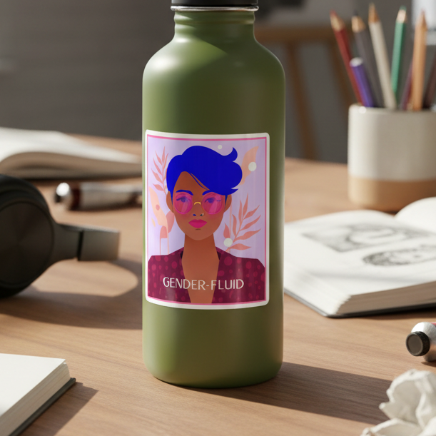 Olive green water bottle with a Genderfluid Bubble-Free Sticker: a person with blue hair, pink shades, maroon shirt, and “GENDER-FLUID” text. Blurred art supplies and sketchbooks in the background.