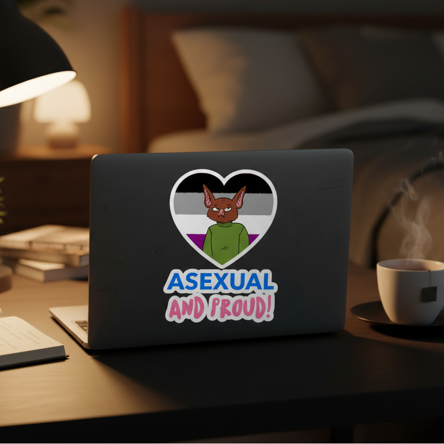 Laptop decked out with an "ASEXUAL AND PROUD!" sticker: heart-shaped bat on ace flag, surrounded by queer stickers, mug, and lamp.