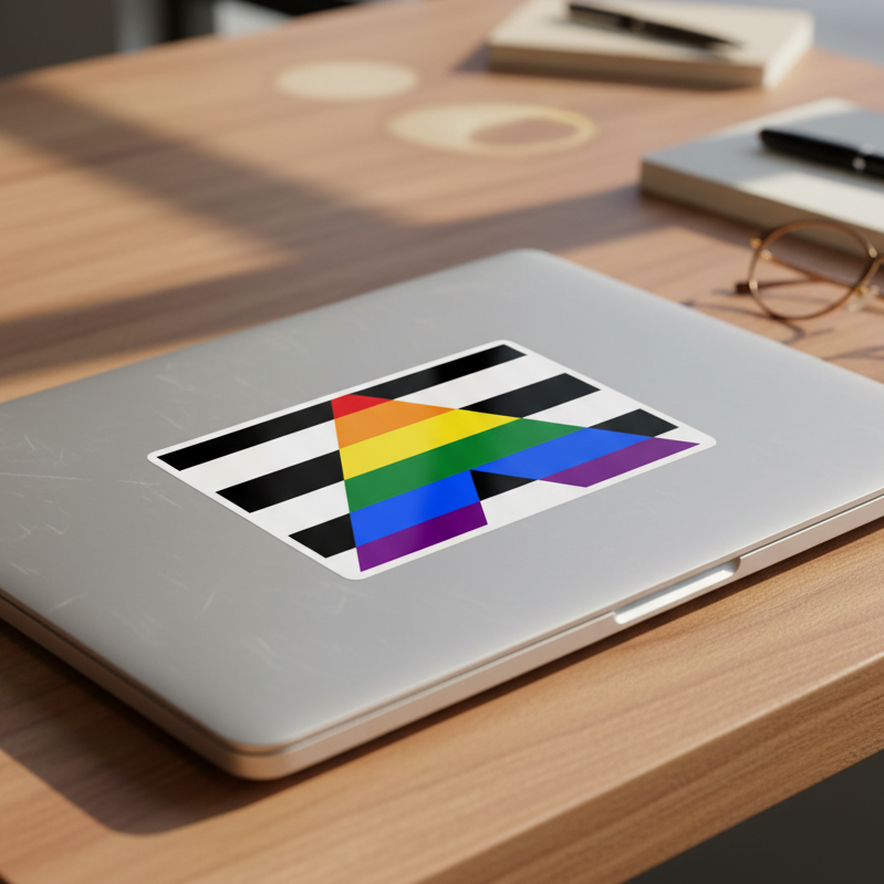 Straight Ally Bubble-Free Sticker on a silver laptop, wooden desk with notebook, pen, round glasses; sunlight and pride vibes.