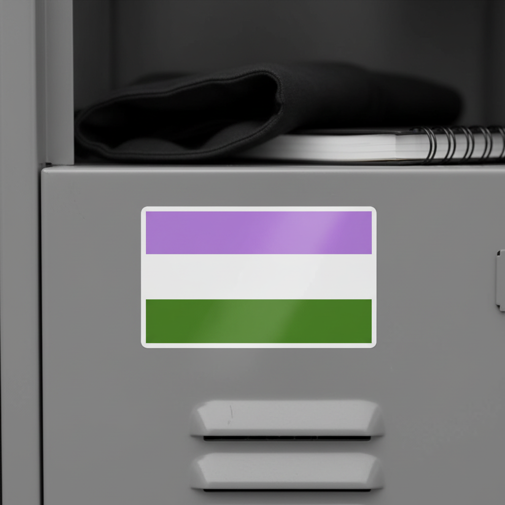 Genderqueer Bubble-Free Sticker with purple, white, and green stripes on a gray locker; inside: black clothing and spiral notebook.