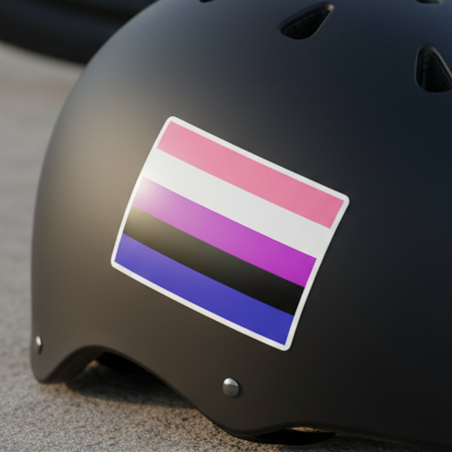 Genderfluid Bubble-Free Sticker in vibrant pride colors, high-opacity vinyl, on a matte black helmet; bold queer visibility piece.