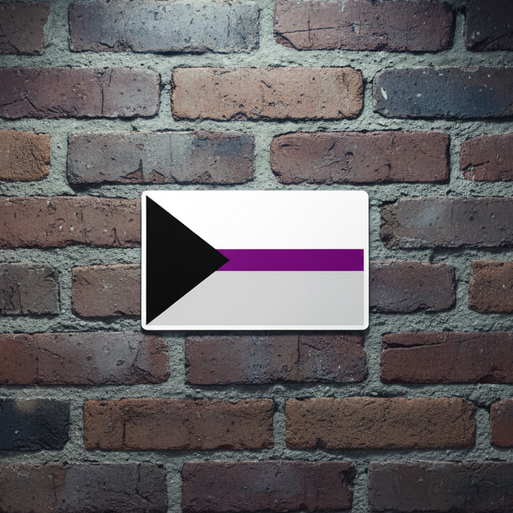 Rectangular bubble-free sticker of the Demisexual flag—black triangle with gray, white, purple stripes—on a red brick wall.