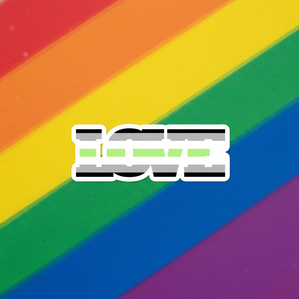 Bubble-free vinyl sticker shows "LOVE" in bold white all-caps over diagonal agender pride stripes: black, grey, white, green.