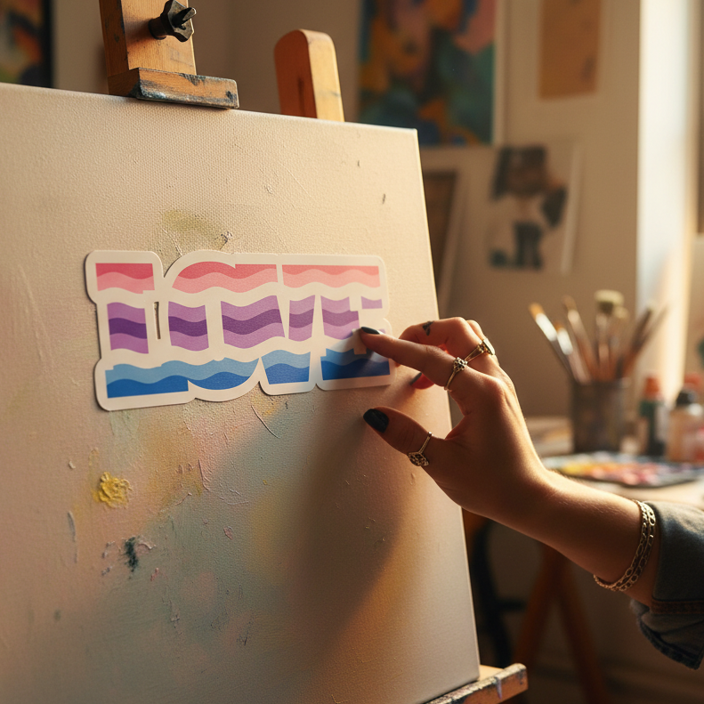 Alternative Genderfluid Love Bubble-Free Sticker with wavy pink, purple, and blue “LOVE” lettering pressed onto a canvas; queer hands with rings, art supplies, soft studio lighting.