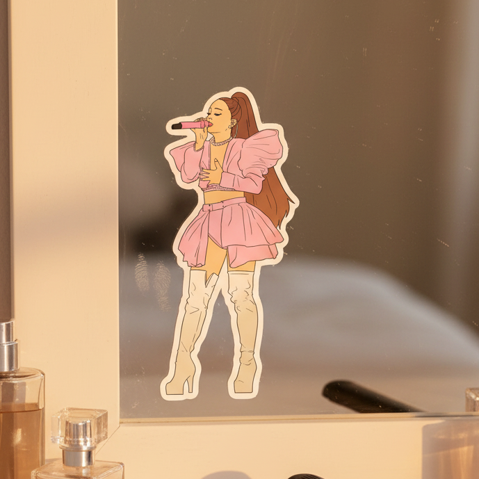 Ariana Grande bubble-free sticker on mirror; femme in pink dress, white boots, brown hair, singing; perfume bottles reflected.