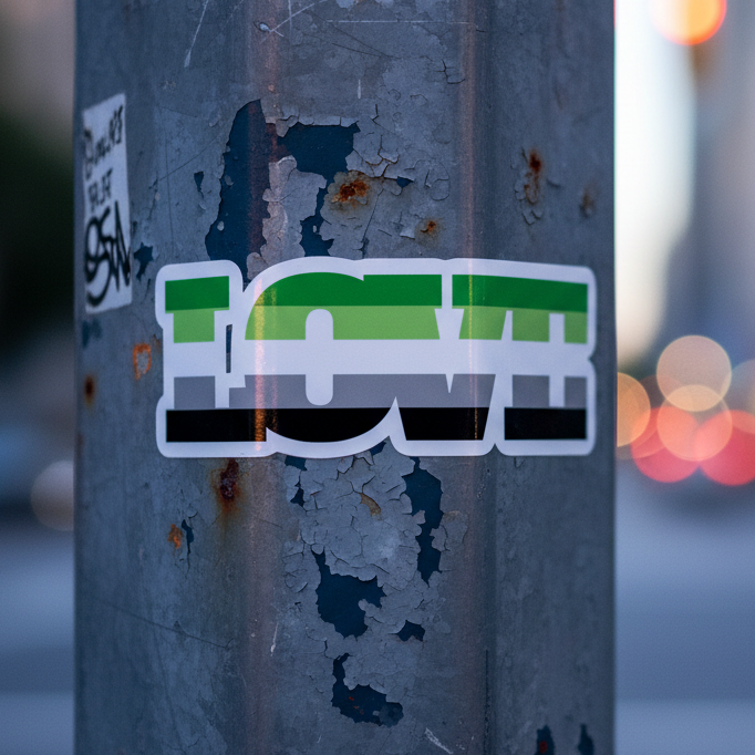 Bubble-free sticker with bold "LOVE" text in aromantic pride flag stripes—green, white, gray, black—on a city street pole.
