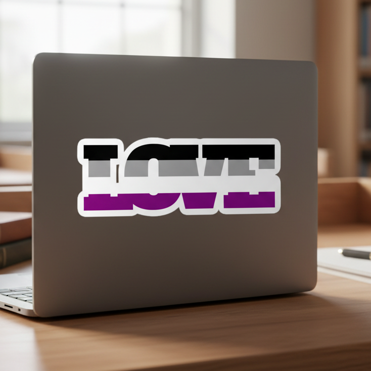 Asexual pride bubble-free sticker saying "LOVE" in bold black, grey, white, and purple stripes on a silver laptop, wooden desk.
