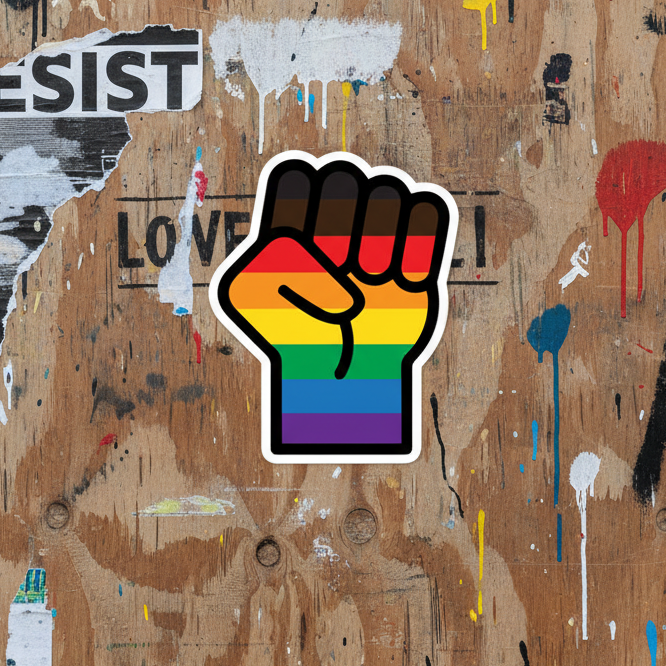 Bubble-free sticker shows a rainbow-striped raised fist for LGBTQ+ BLM pride on worn wood with “RESIST” and “LOVE” behind.