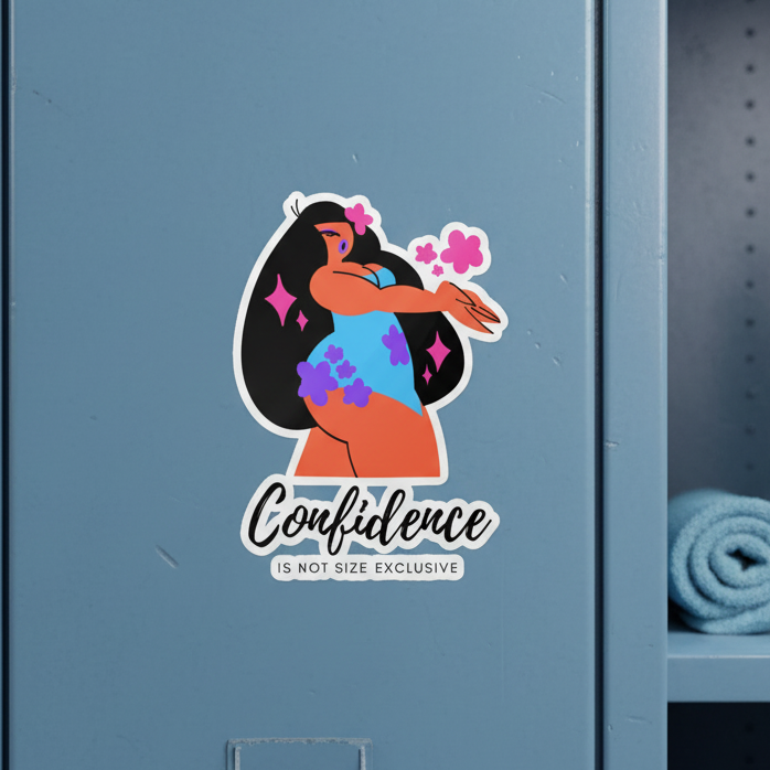 Bubble-free sticker shows a dark-haired woman in a blue swimsuit with pink flowers and the slogan: "Confidence is not size exclusive.
