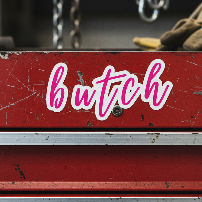Red metal toolbox with a worn look, featuring a “butch” pink cursive sticker; brown work glove and chains in the background.
