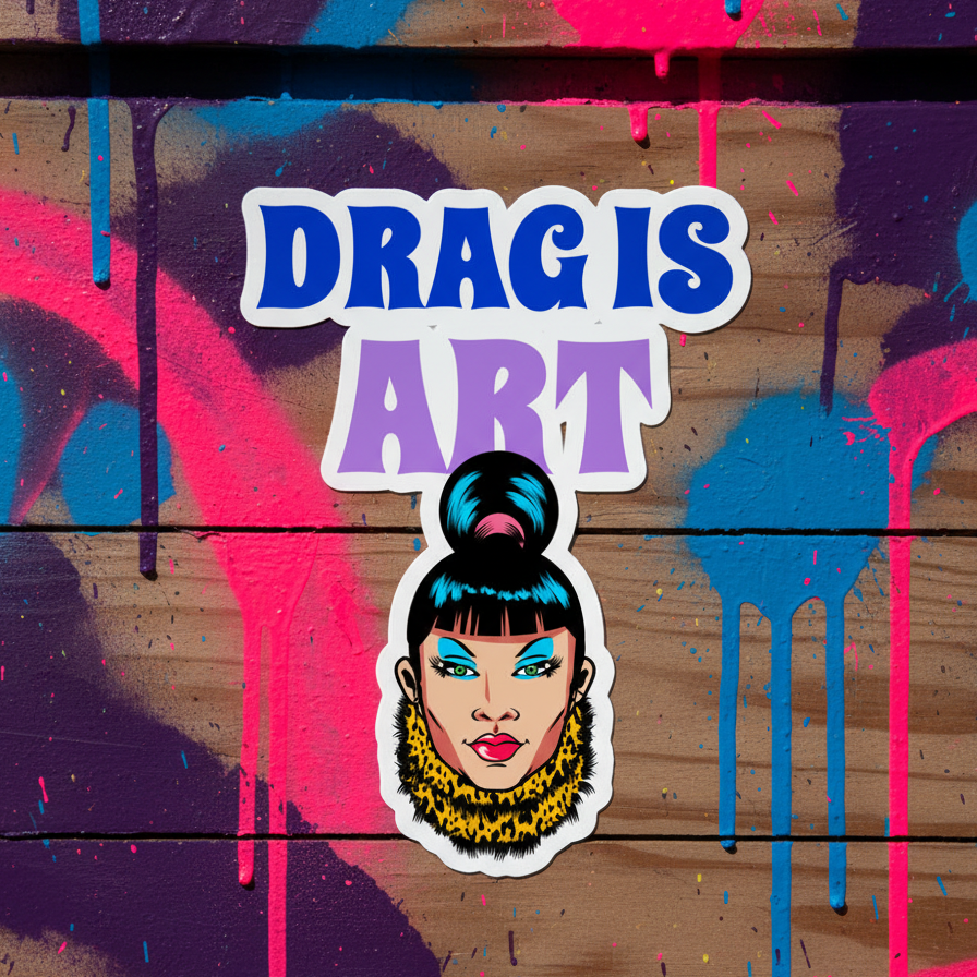 Bubble-free sticker reading “DRAG IS ART” in bold blue and purple over a glam drag queen with blue bun, gold hoops, painted wood splattered pink and blue.