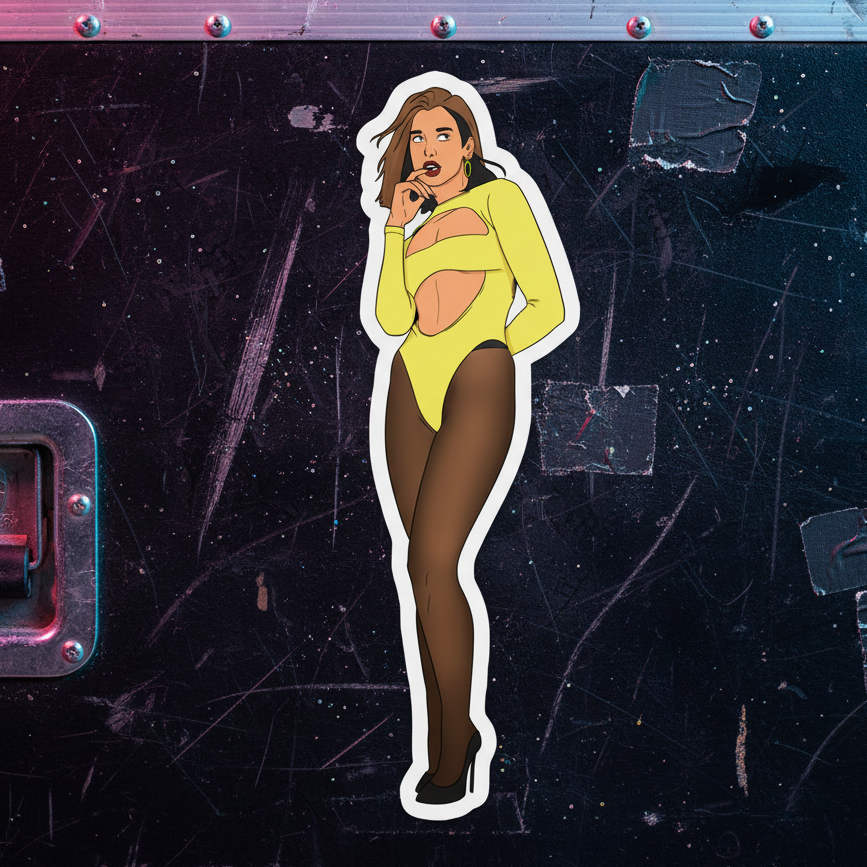 Bubble-Free Sticker showing a fierce brunet woman in a yellow bodysuit and sheer black tights, set on scuffed metal, vinyl with rivets.