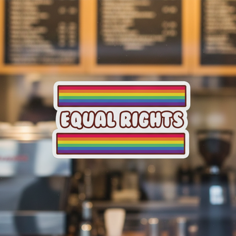 Bubble-free sticker reads “EQUAL RIGHTS” in bold on rainbow stripes, repping queer pride; displayed on a glass window at a café.