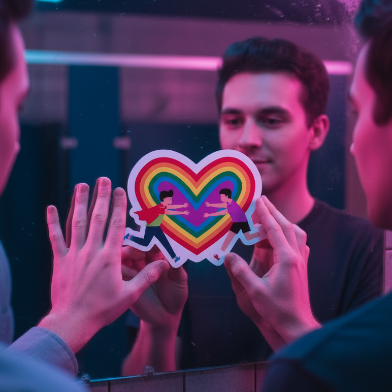 Gay Couple Bubble-Free Sticker shows two people reaching out in a rainbow heart; warm pink and blue lighting feels super queer.