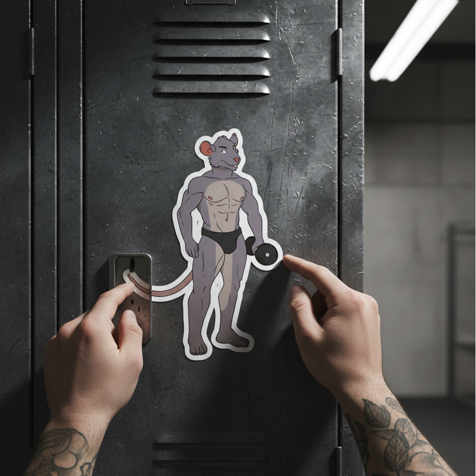 Gay Gym Rat Bubble-Free Sticker featuring a buff mouse in black briefs lifting a dumbbell, applied by tattooed arms to a gray locker.
