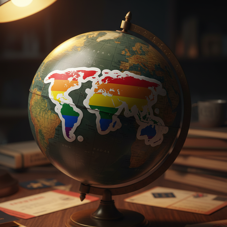 Gay Map Bubble-Free Sticker on colorful globe, celebrating LGBTQ+ pride; warm lamp, books, papers give off queer cozy study vibes.