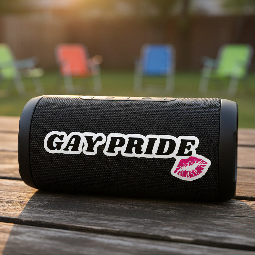 A black portable speaker, topped with a Gay Pride Bubble-Free Sticker and pink lipstick kiss print, sits on a wooden table; rainbow-bright lawn chairs blur in the sunny grass behind.