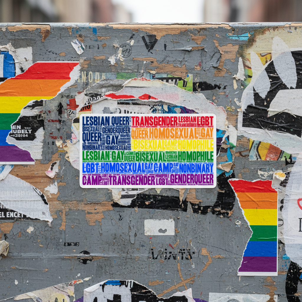 Gay USA Bubble-Free Stickers pop on a weathered wall, bold LGBTQ+ text and rainbow pride flags standing loud in a queer collage.
