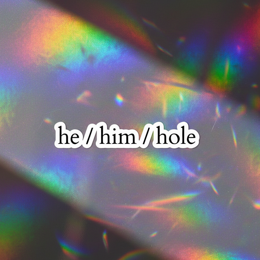 Bubble-free vinyl sticker with white “he/him/hole” text on a blurred, iridescent rainbow background for queer masculine pride.