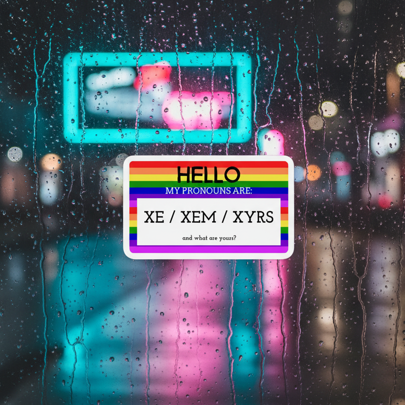 Bubble-Free Sticker with rainbow stripes reads: “HELLO MY PRONOUNS ARE: XE / XEM / XYRS and what are yours?” on a wet window.