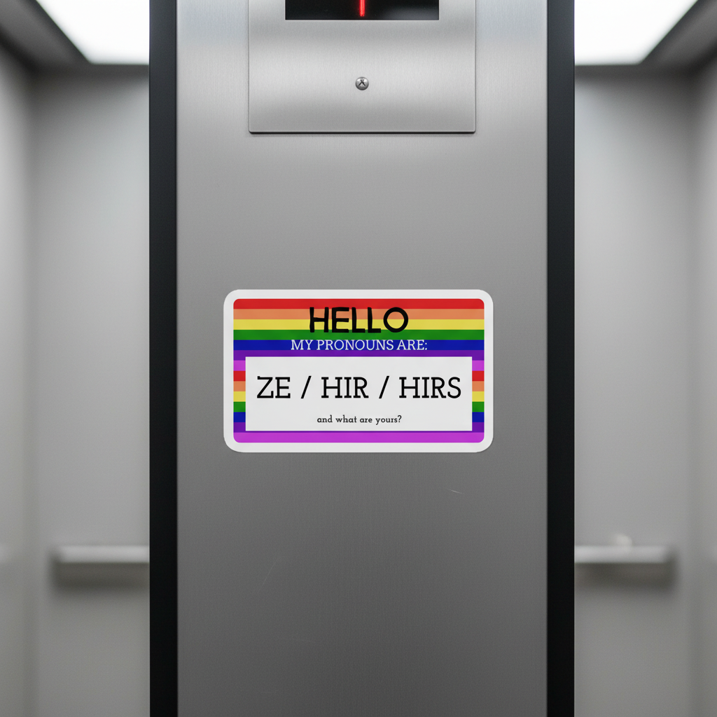 Hello My Pronouns Are ZE / HIR / HIRS" bubble-free stickers with a bold rainbow border celebrate queer pronouns on an elevator wall.