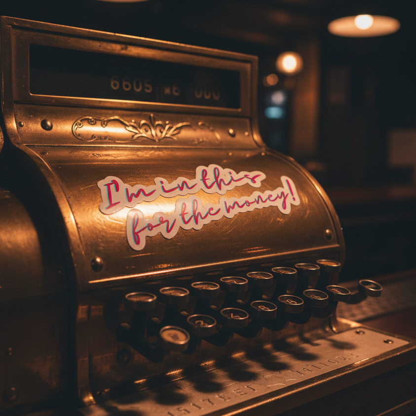 Vintage brass cash register under moody warm lights, sporting pink and white "I'm In This For The Money" stickers; retro queer vibes.