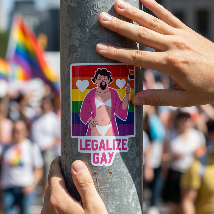 Bubble-free vinyl sticker reading "LEGALIZE GAY," with a rainbow cartoon figure, stuck on a pole at Pride as folks wave rainbow flags.