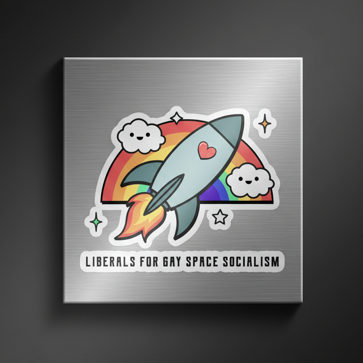 Bubble-free vinyl sticker with bold "Liberals For Gay Space Socialism" text, a rainbow, rocket with heart, and happy clouds.