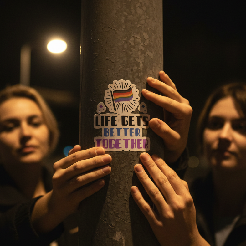 Bubble-Free Sticker reading “Life Gets Better Together” with a rainbow, held by two people at night under streetlights.