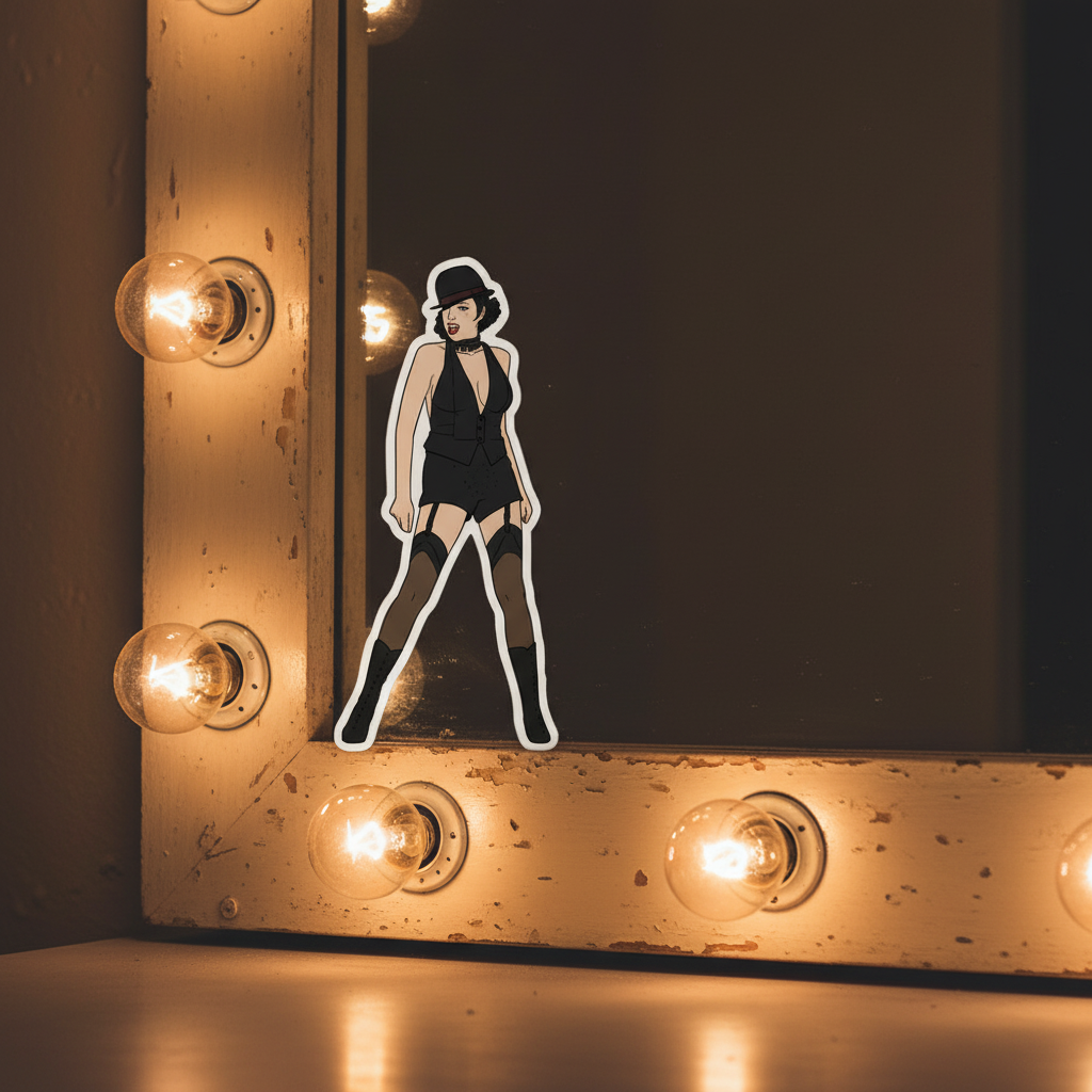 Bubble-Free Sticker of Liza Minnelli in a 1920s black dress, stockings, heels, and hat on a vintage vanity mirror; queer retro vibe.