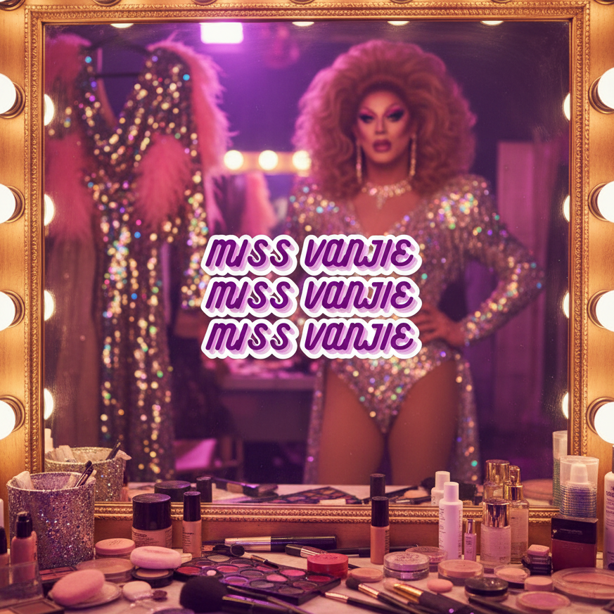 Miss Vanjie Bubble-Free Stickers decorate a vanity mirror, reflecting a drag queen in a sparkly bodysuit, big wig, makeup, pink neon “MISS VANJIE” text, and a glittery feathered dress nearby.