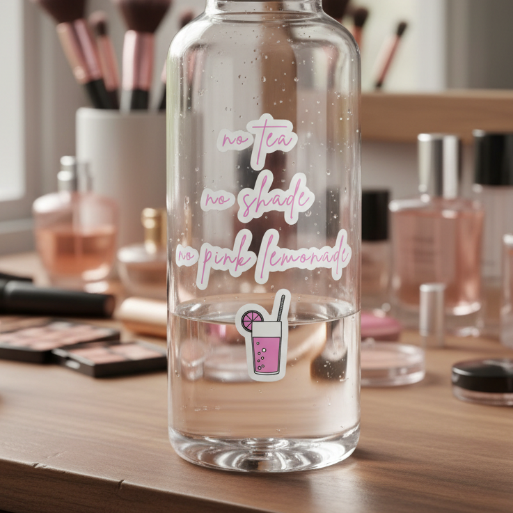 Bubble-free vinyl sticker reading “No Tea No Shade No Pink Lemonade” with a cute cartoon drink, on a queer makeup vanity.