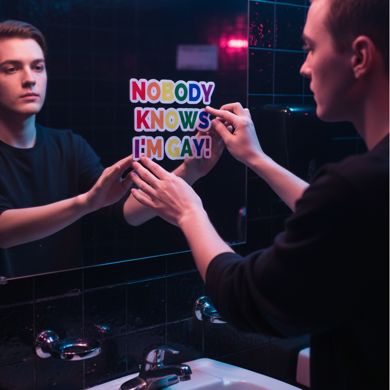 “‘Nobody Knows I’m Gay!’ bubble-free sticker, bold and colorful, pressed by a queer person on a dark-tiled bathroom mirror.