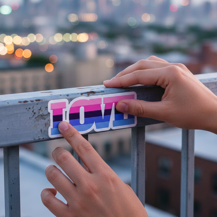 Omnisexual Love Bubble-Free Sticker in omni pride colors pressed onto a metal railing, city lights glowing and blurring behind.