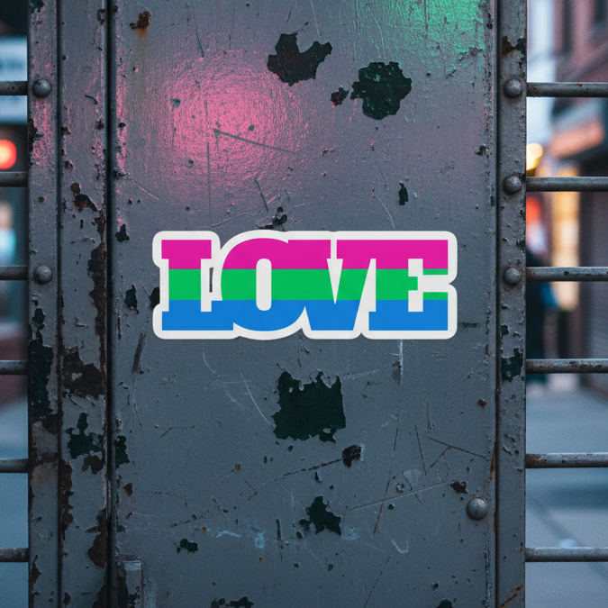 Polysexual “LOVE” sticker in blue, green, and pink stripes on vinyl brightens a gray gate, neon light reflecting in the city night.