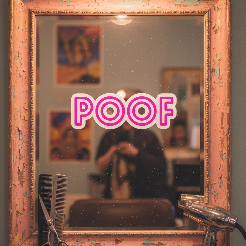 “POOF” Bubble-Free Stickers pop on a pink-framed salon mirror, with hair dryer, combs, and bright queer portraits in the background.