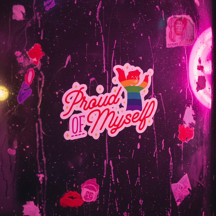 Bubble-free "Proud of Myself" sticker with a waving person in a rainbow shirt and bold text pops on a paint-splattered wall, glowing pink-violet.