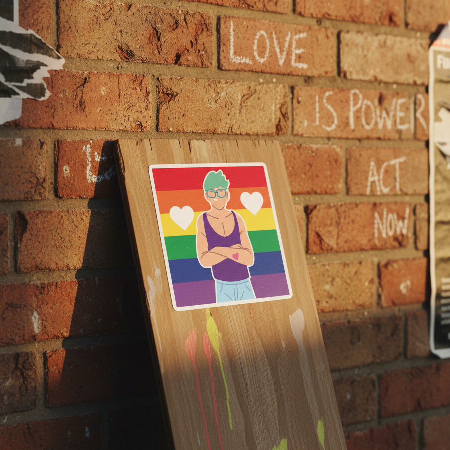 Queer Love bubble-free sticker: person with green hair, glasses, arms crossed on rainbow flag with white hearts on wood by chalked “LOVE IS POWER ACT NOW.”.