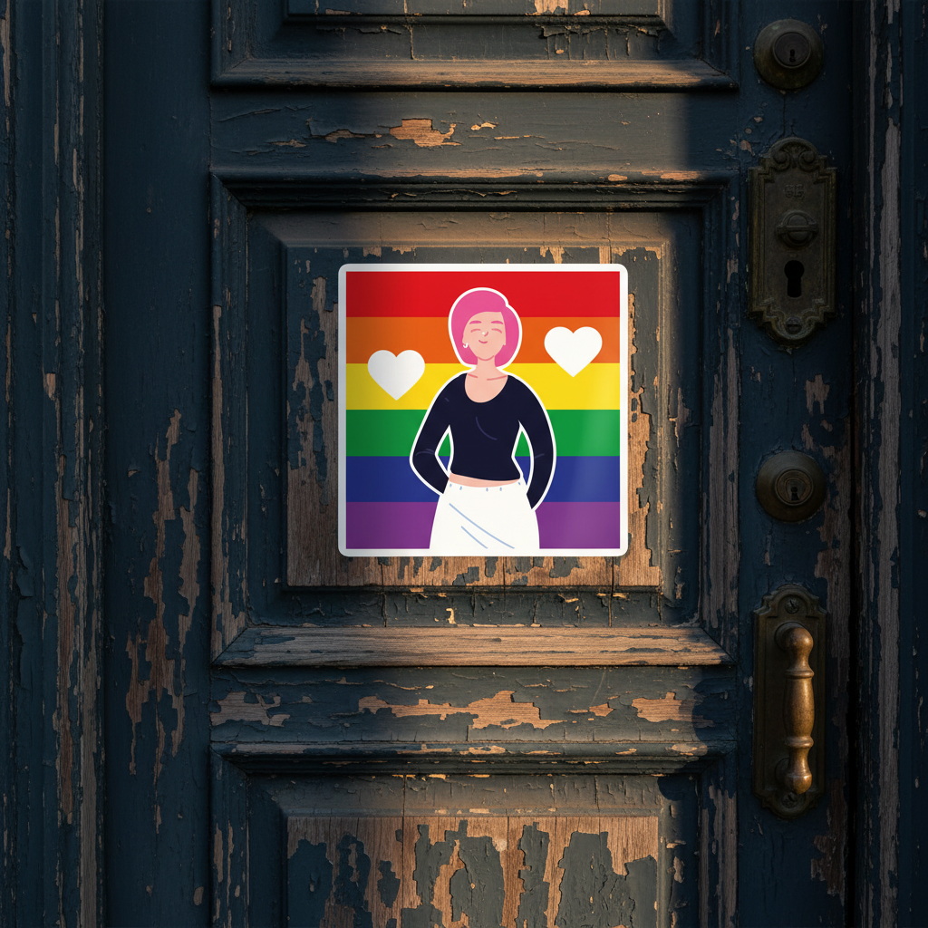 Queer Love Is Love Is Love Bubble-Free Sticker on a worn dark blue door, featuring a smiling pink-haired person over a rainbow flag with white hearts. Sunlight catches the sticker and parts of the door.