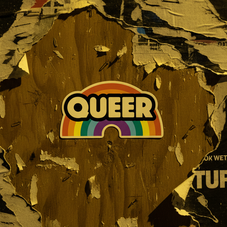 Queer Rainbow Bubble-Free Sticker in vibrant rainbow colors, high-opacity vinyl, pops on wood with torn paper, staples, and street vibes.