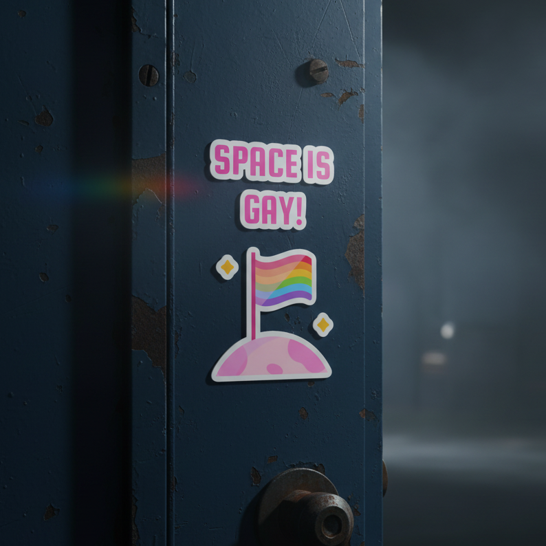 Bubble-free sticker with "SPACE IS GAY!" on a rainbow pride flag, sitting on a pink cartoon planet in misty, rainbow-lit fog.
