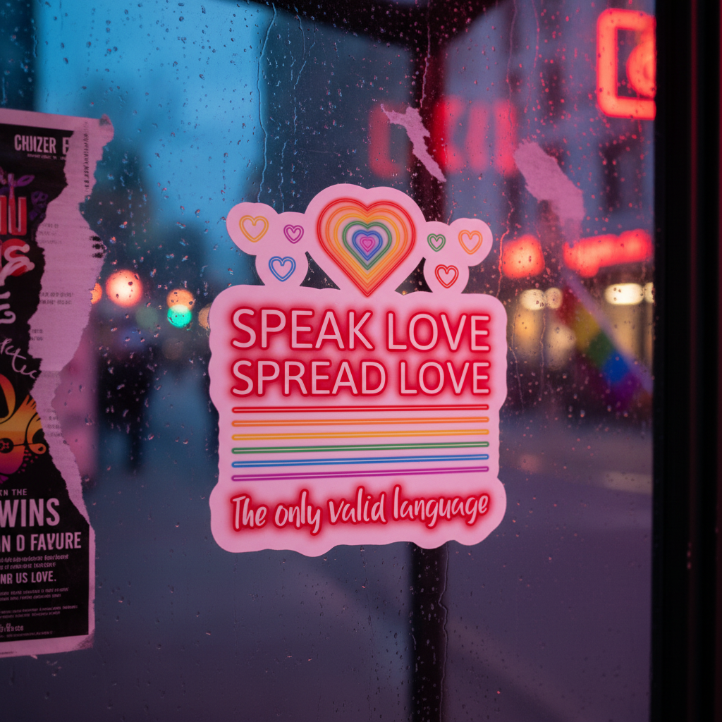 Bubble-free stickers on high-opacity vinyl with rainbow hearts, stripes, and "SPEAK LOVE SPREAD LOVE" in neon, radiating queer pride.