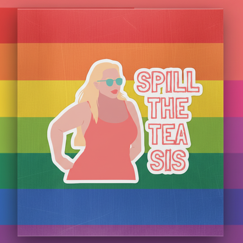 Bubble-free sticker with a blonde woman in sunglasses and red dress on a rainbow pride flag, bold “SPILL THE TEA SIS” text.