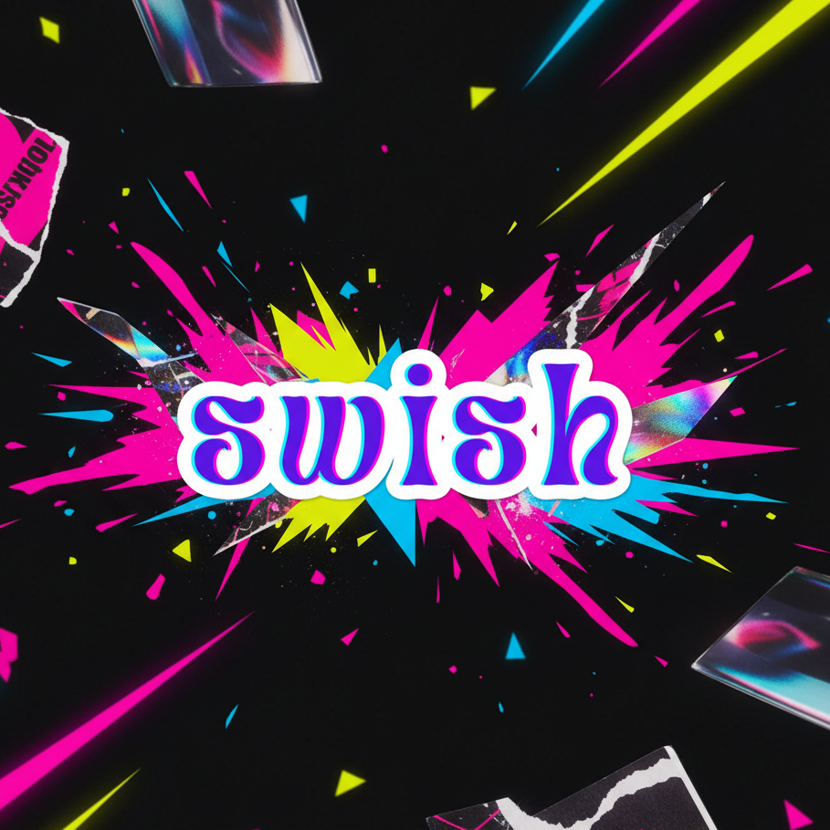 Bubble-free sticker with “swish” in bold, retro letters over a neon burst on black, plus confetti—queer flair for any surface.