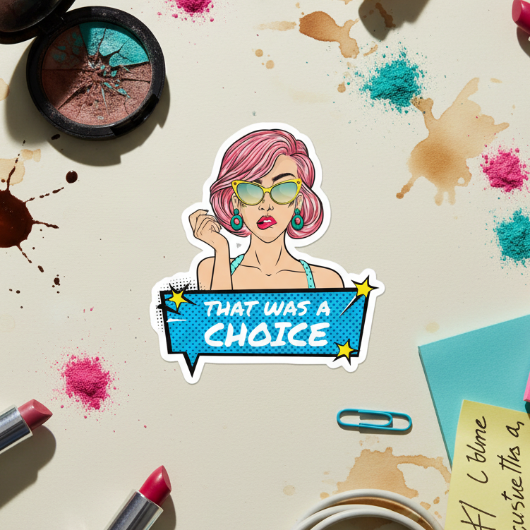 Bubble-free sticker featuring a retro pink-haired femme in shades saying “That was a choice” in a blue comic bubble; shown on a busy desk with makeup, stickers, and a note reading “I blame society.”.