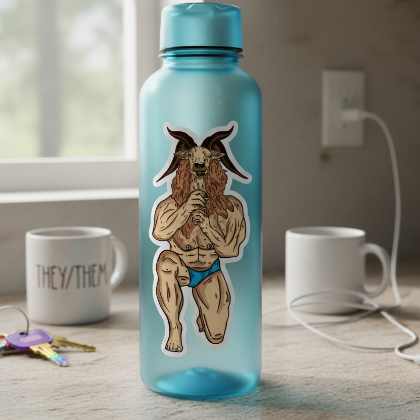 Blue water bottle with a Throat Goat sticker—muscular goat in blue undies—on a kitchen counter by keys and THEY/THEM mug.