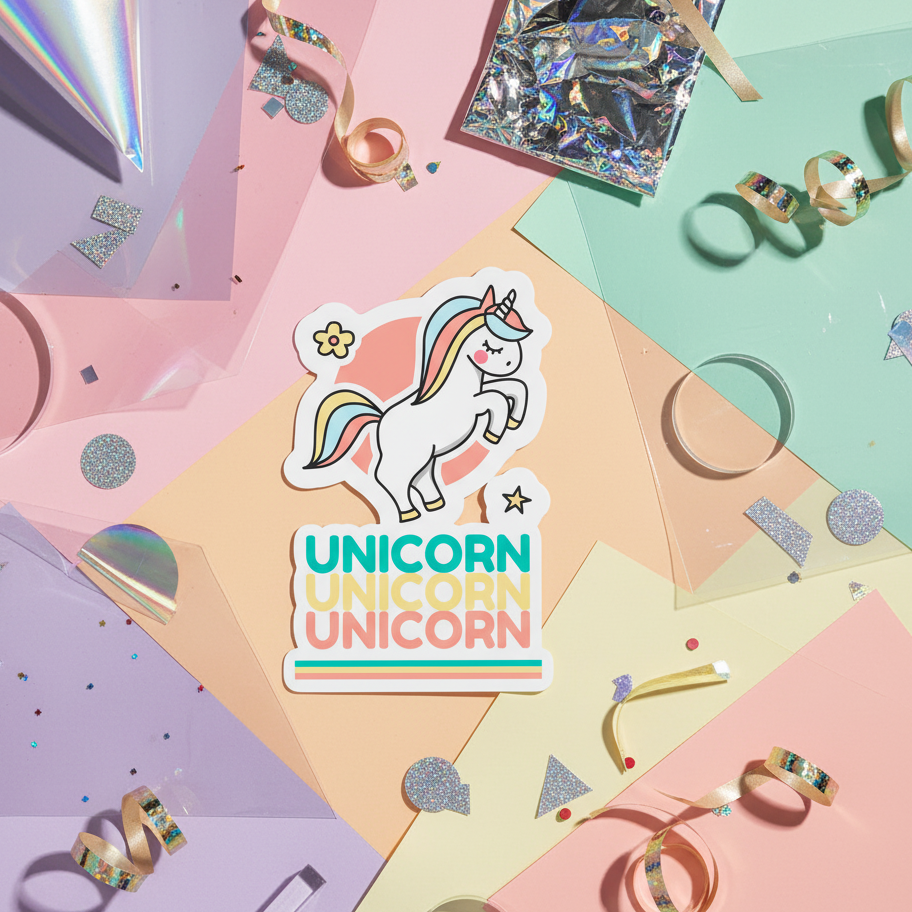 Bubble-free sticker set showing a bright unicorn with rainbow mane and tail on pastel, surrounded by sparkly confetti and “UNICORN” repeated in bold colors.